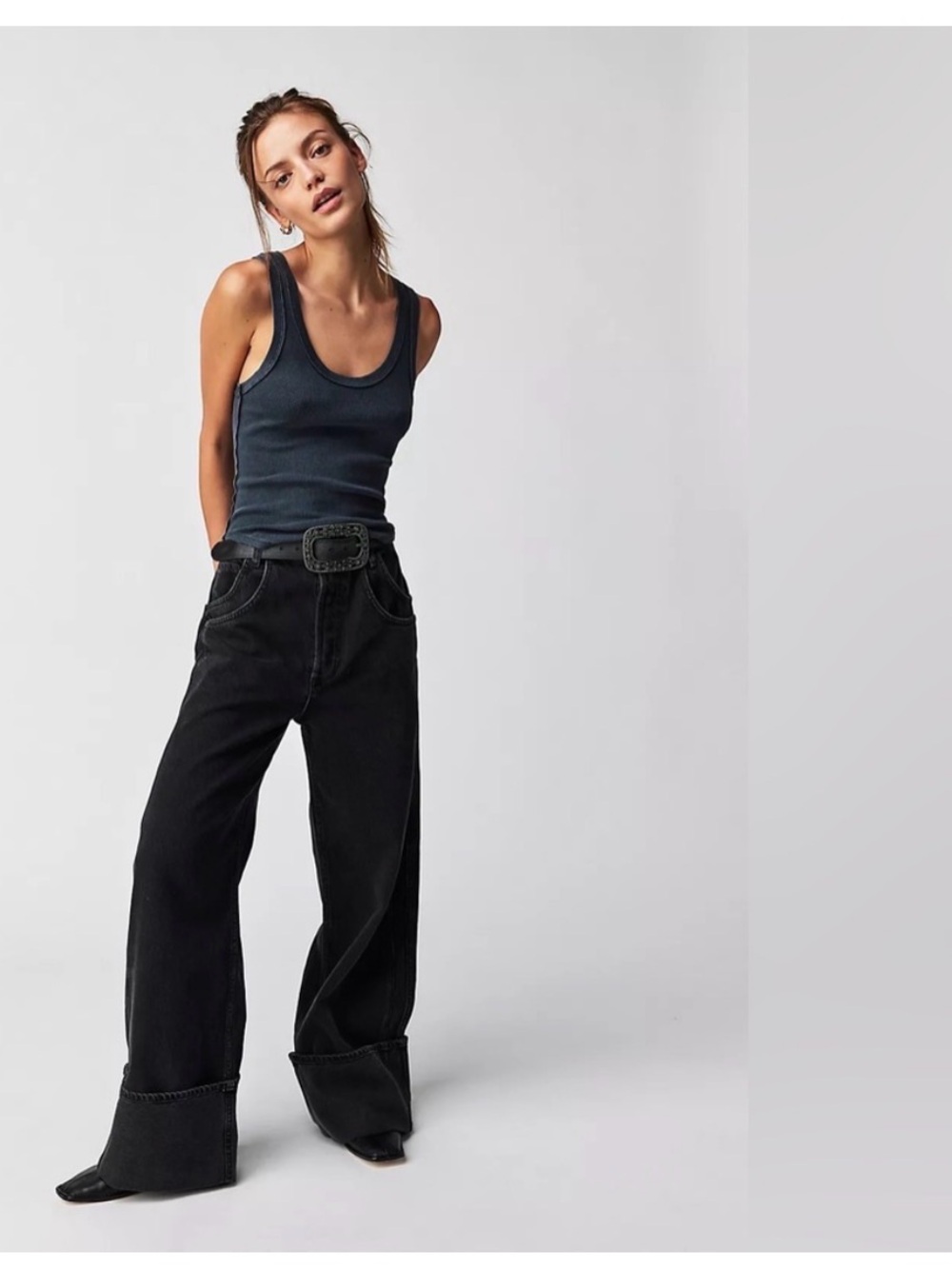 Free People Final Countdown wide leg cuffed jeans in washed black